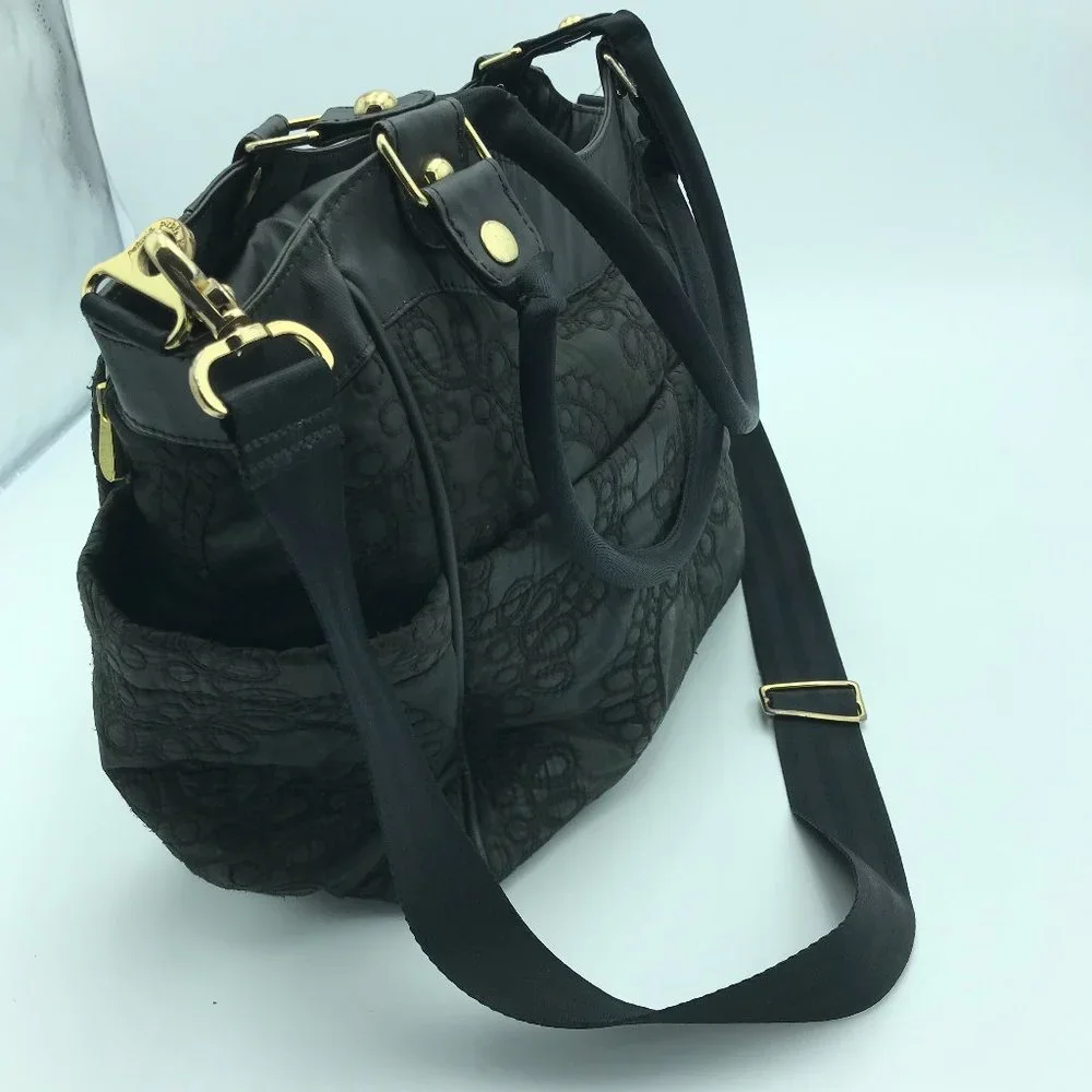 Petunia Pickle Bottom Black Quilted Floral-Embossed Diaper Bag
